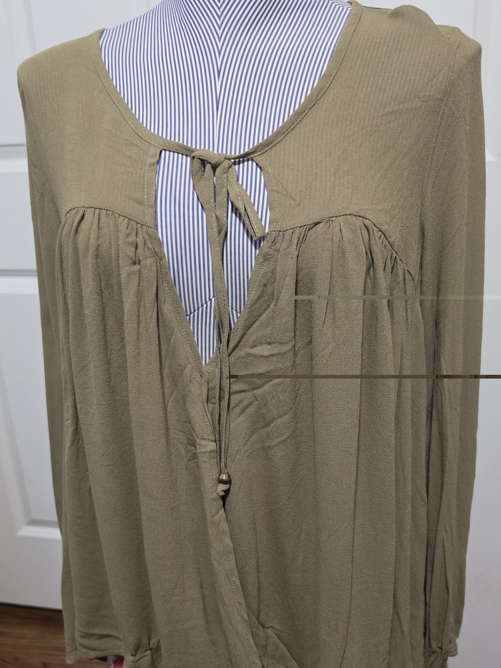 Millibon Olive Green Long Sleeve Tie-Front Peasant Blouse